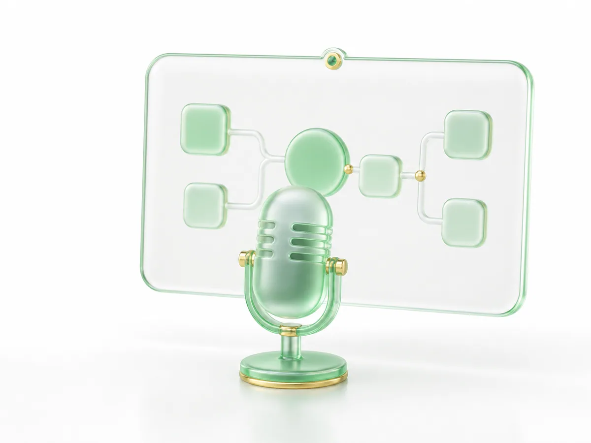 A glass microphone before a presentation screen: a live webinar